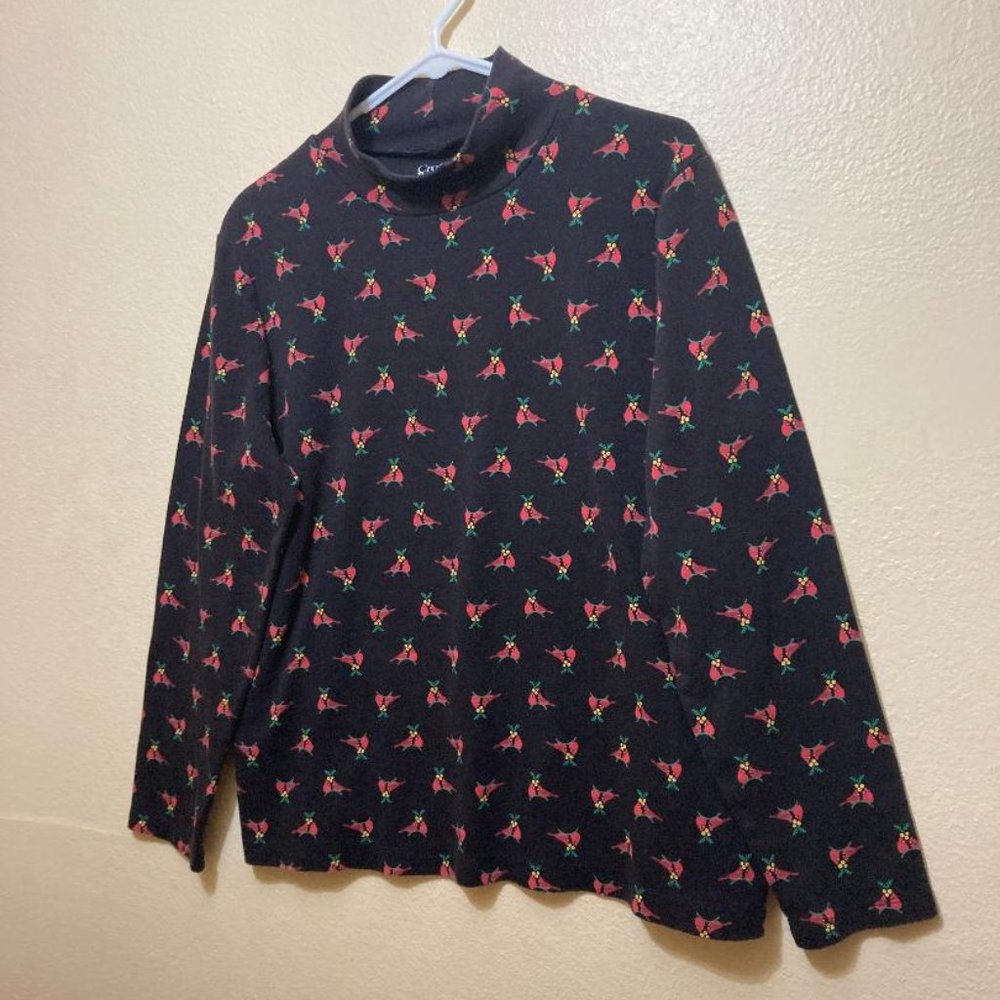 Croft & Barrow Womens Black All Over Red Cardinal Long Sleeve Mock Neck Shirt XL